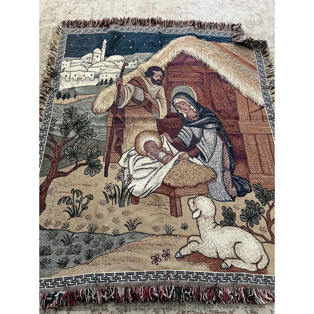 Vintage Nativity Holy Family Christmas Tapestry Blanket Throw Mary Jesus 49